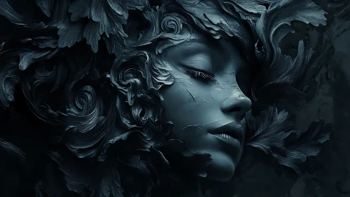 Silent stone muse wrapped in swirling dark petals.