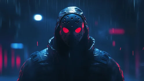 Hooded cyberpunk enforcer in perforated mask under neon rain