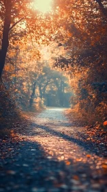 Golden Autumn Tunnel: Sunlit Tree-Lined Path.