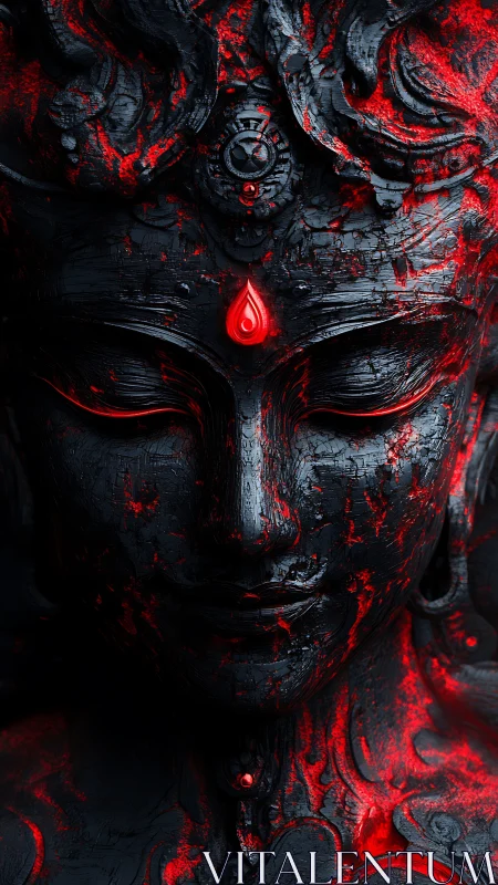 Charred obsidian goddess bust with glowing red sigil accents