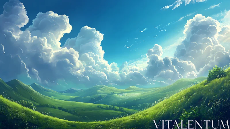 Digital landscape shows rolling green hills under cumulus clouds