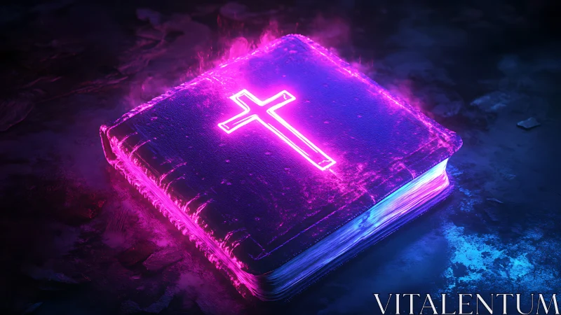 Neon cross Bible in luminescent cyberpunk glow composition.