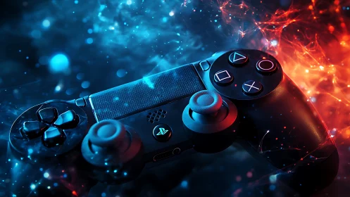 Controller drifts through neon nebulae of red and blue fire