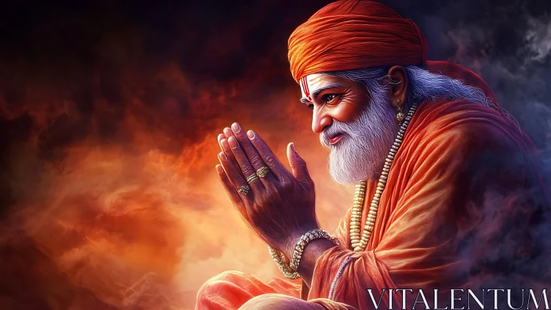 Elderly sage in orange robes amid glowing stormlight.