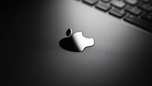 Macro close-up of glossy metallic logo on dark laptop surface