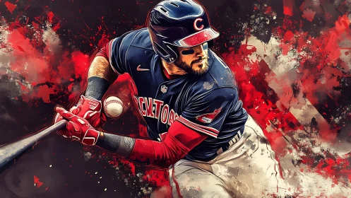 Baseball batter swings at pitched ball in stylized artwork