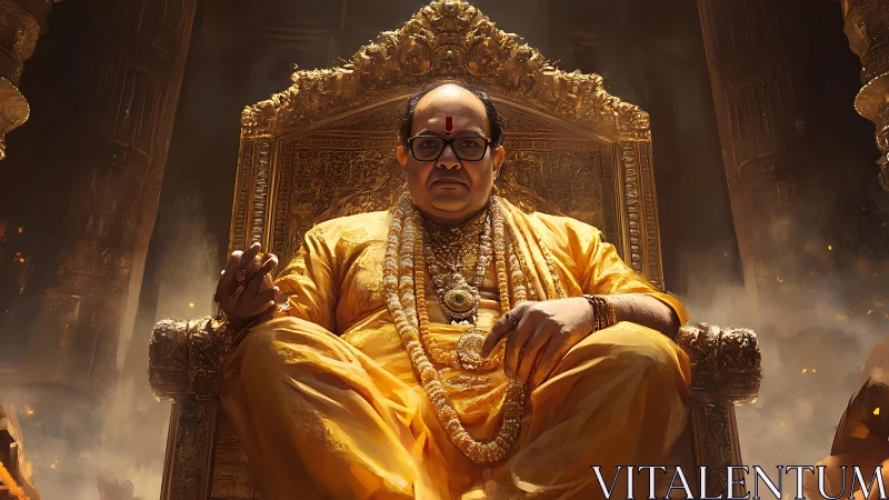 Regal guru seated on ornate golden throne in dim hall.