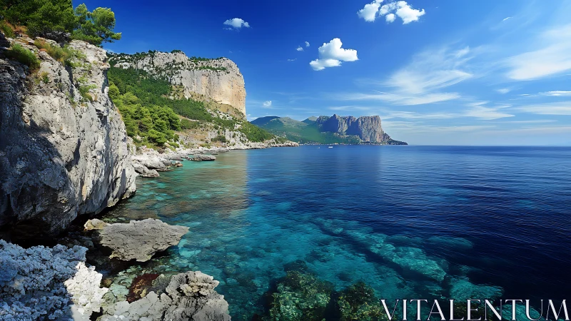 Sunlit cliffs welcome you above calm, crystal blue sea