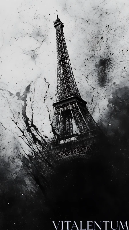 Monochrome Eiffel Tower with abstract ink splatter forms.