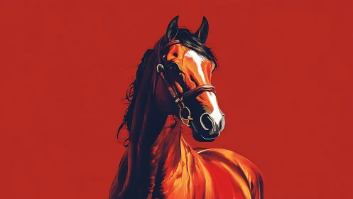 Crimson arena stallion poised in heroic spotlighted stillness.