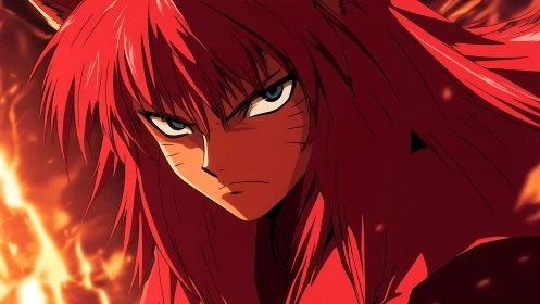 Fiery red warrior with fierce eyes stands in blazing light