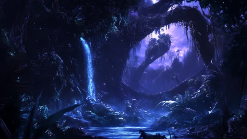 Bioluminescent Cavern With Waterfall and Ancient Jungle Landscape.
