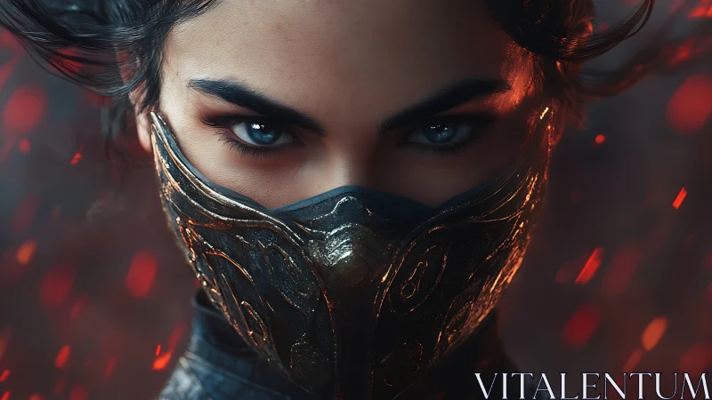 Fierce masked warrior gazes forward through swirling embers