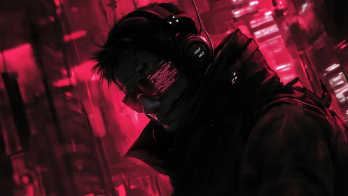 Cybernetic headset user in red neon urban environment.