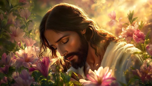 Gentle savior bowing among sunrise blossoms in quiet prayer.