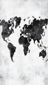 Monochrome world map silhouette on textured white wall.