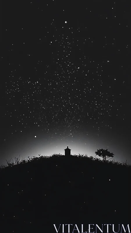 Hilltop cabin silhouette under dense starlit night sky.