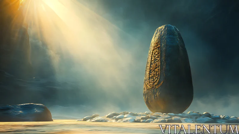 Ancient carved monolith illuminated by focused sunbeams.