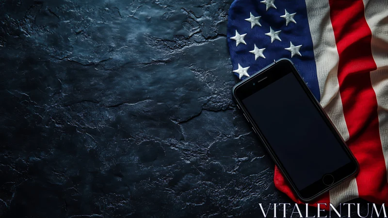 Smartphone lies on United States flag on dark stone surface