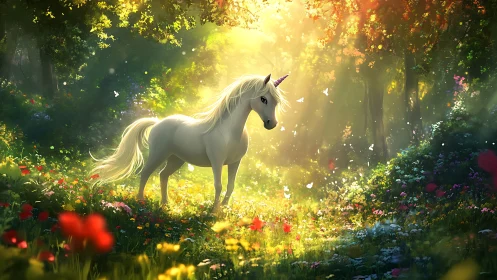 Unicorn stands in sunlit forest clearing amid wildflowers