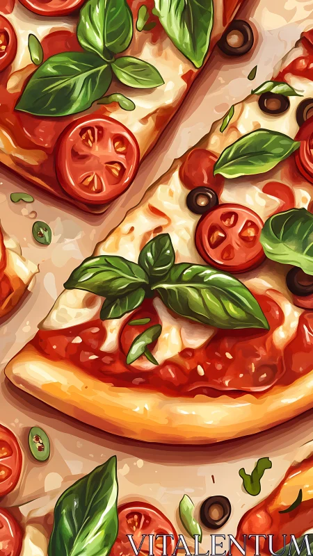 Vector-rendered basil tomato pizza topology with garnish detail.