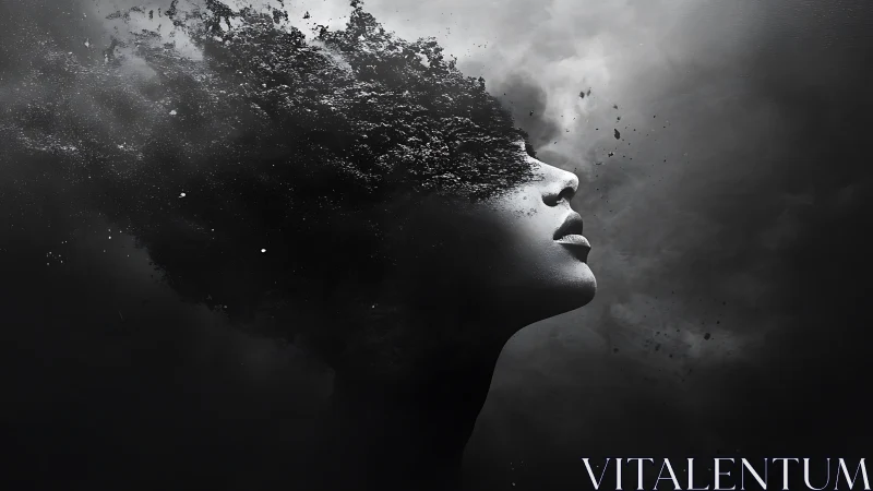 Profile of dissolving face emerging from dark clouds.