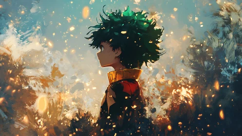 Silhouetted anime hero amid luminous embers and painterly sky