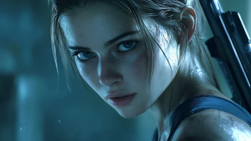 Intense wet heroine portrait with rifle in blue light.