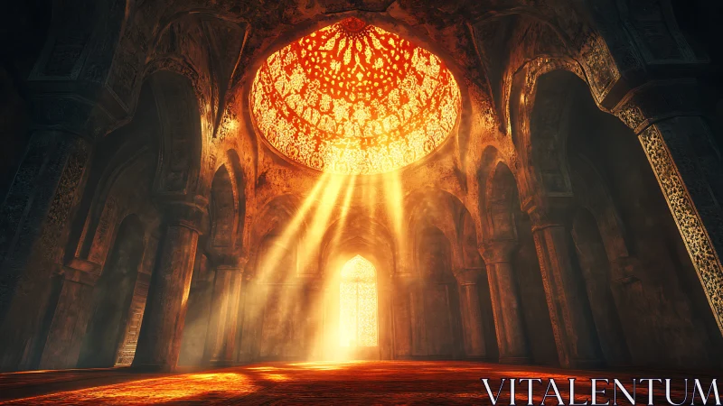 Golden sunlit hall glowing under an ornate domed ceiling.