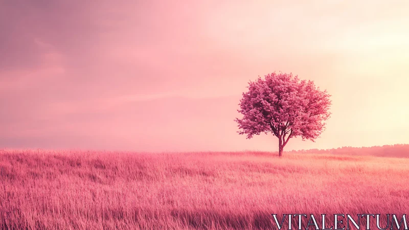 Solitary pink tree rises above pastel grass plain