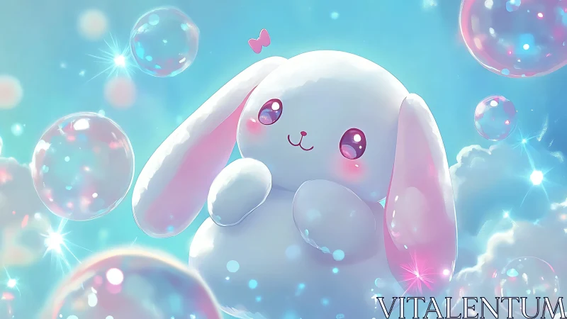 Kawaii cloud bunny drifting among sparkling pastel bubbles.