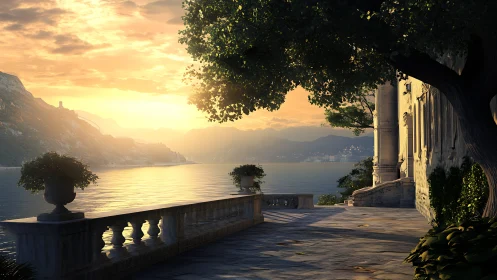 Sunlit neoclassical terrace overlooking mountainous coastal inlet.