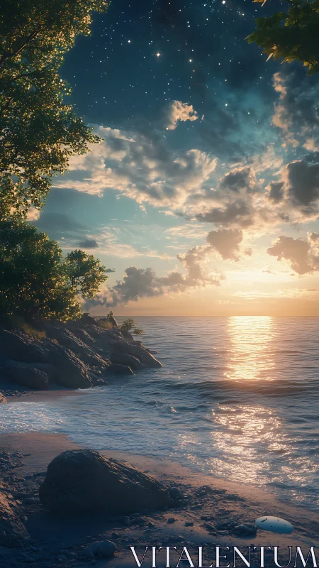 Rocky shoreline under sunset sky with visible stars.