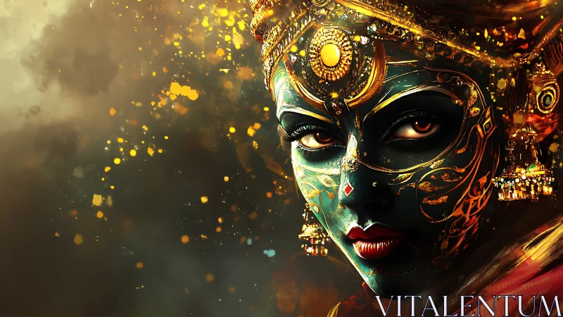 Ornate masked goddess portrait with luminous gold particle bokeh