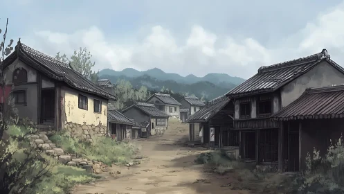 Rural dirt street with traditional wooden village houses.