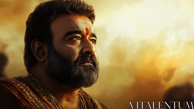 Bearded man in profile against diffuse golden sky background.