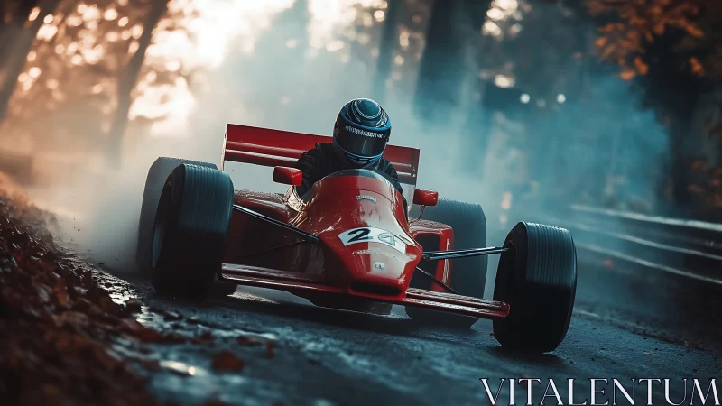 Red formula racer drifting through misty forest curve.