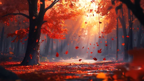Crimson autumn forest with glowing backlit leaf shower.