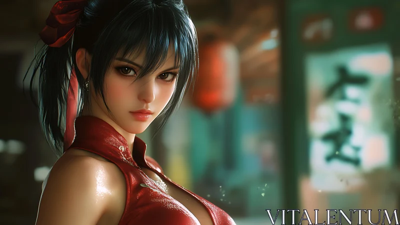 Rendered female character stands in shallow depth of field scene