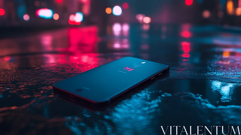 Smartphone on wet street under neon city night lighting.