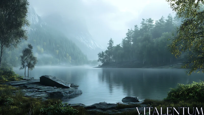 Mist-draped mountain lake cradled by brooding pine forests.