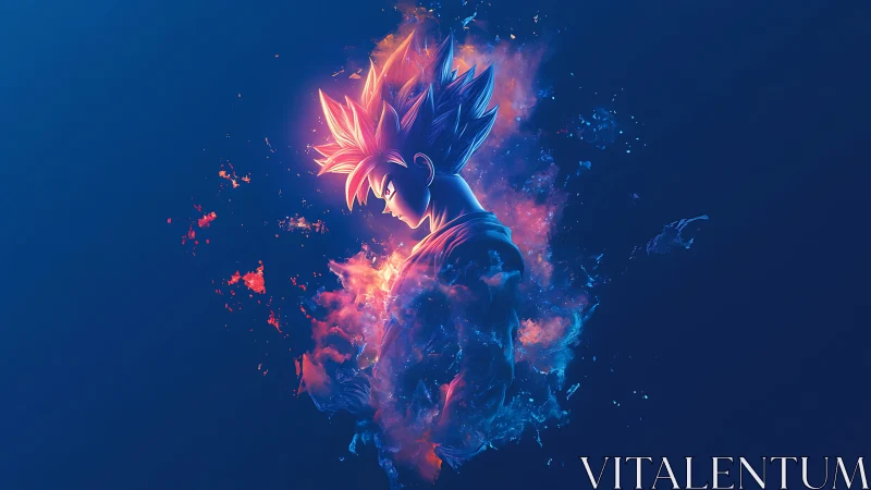 Fiery anime warrior glows against deep blue void