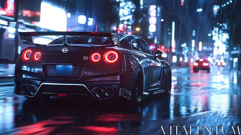 Night-wet Nissan GT-R rear profile in neon urban downpour.
