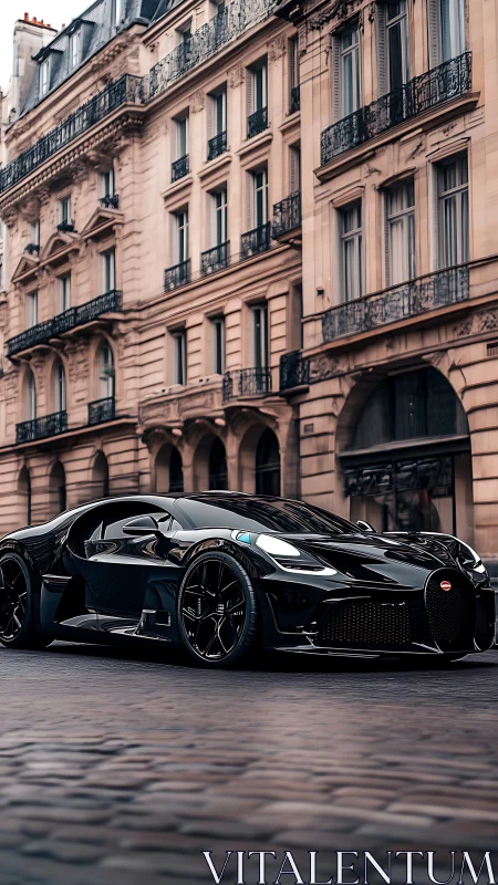 Midnight hypercar prowls luxe Parisian boulevard in gloss black.