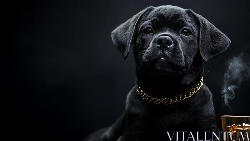 Regal black puppy poses in luxe, moody studio portrait.