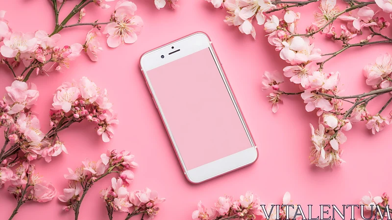 White smartphone centered among pink cherry blossoms on pink background