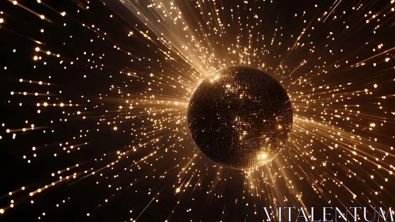 Glowing particle sphere radiates golden light in deep space