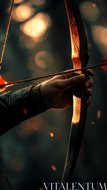 Photorealistic archer close-up with cinematic bokeh lighting.