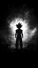 Silhouetted anime warrior before explosive cosmic light.
