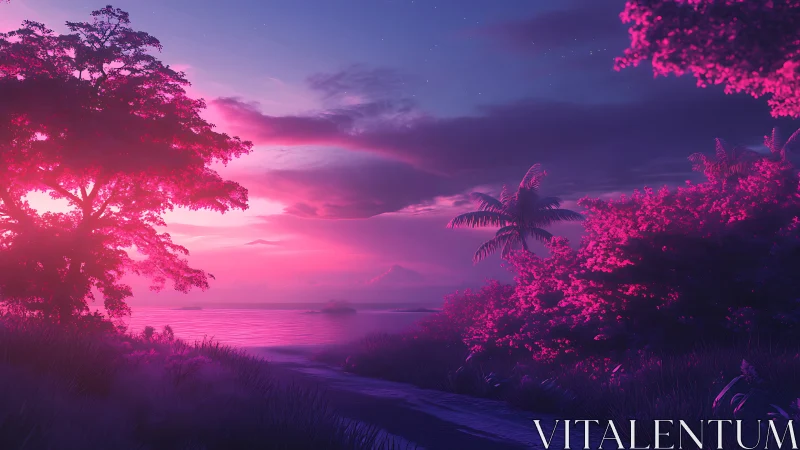 Dreamy pink sunset path beside a calm tropical shoreline.